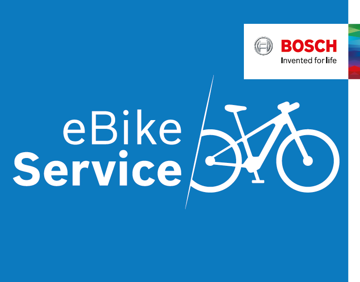 Bosch eBike Service mit stilisiertem Fahrrad, Weiß auf Blau